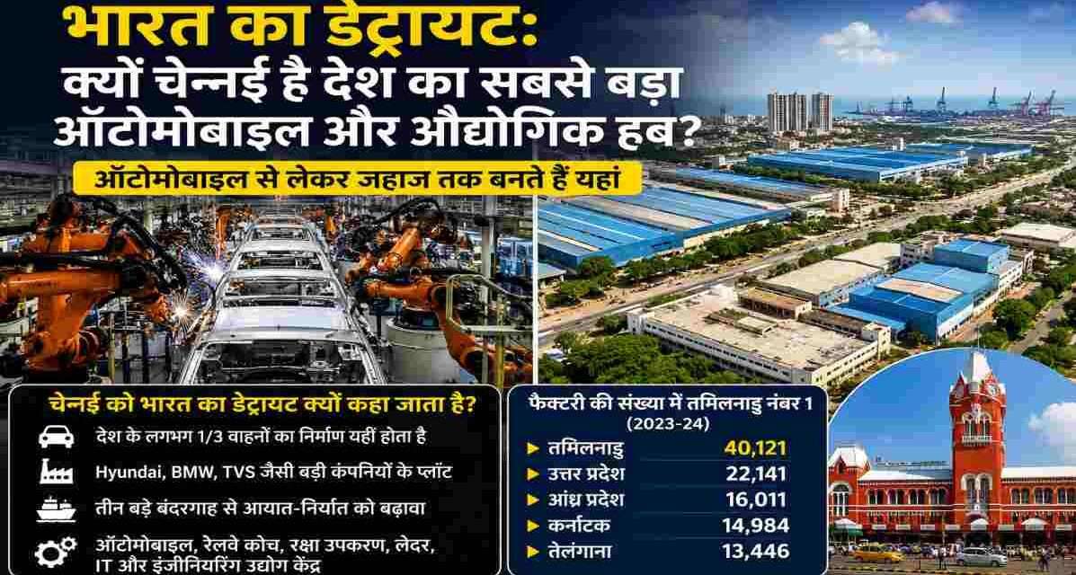 चेन्नई के औद्योगिक क्षेत्र का दृश्य, जहां ऑटोमोबाइल फैक्ट्रियां, उत्पादन इकाइयां और आधुनिक औद्योगिक इंफ्रास्ट्रक्चर दिखाई दे रहा है।