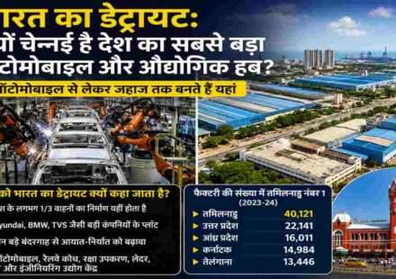 चेन्नई के औद्योगिक क्षेत्र का दृश्य, जहां ऑटोमोबाइल फैक्ट्रियां, उत्पादन इकाइयां और आधुनिक औद्योगिक इंफ्रास्ट्रक्चर दिखाई दे रहा है।