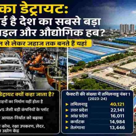चेन्नई के औद्योगिक क्षेत्र का दृश्य, जहां ऑटोमोबाइल फैक्ट्रियां, उत्पादन इकाइयां और आधुनिक औद्योगिक इंफ्रास्ट्रक्चर दिखाई दे रहा है।