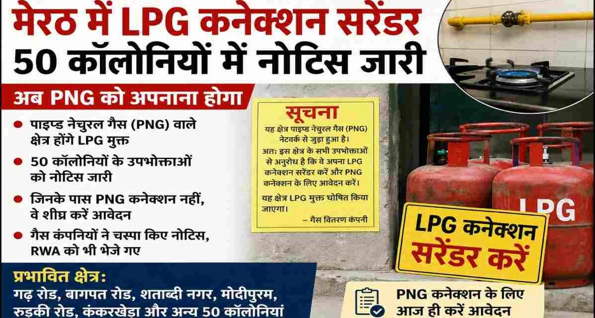 मेरठ में PNG नेटवर्क वाले क्षेत्रों में एलपीजी कनेक्शन सरेंडर करने के लिए गैस कंपनियों द्वारा नोटिस जारी किए गए हैं।