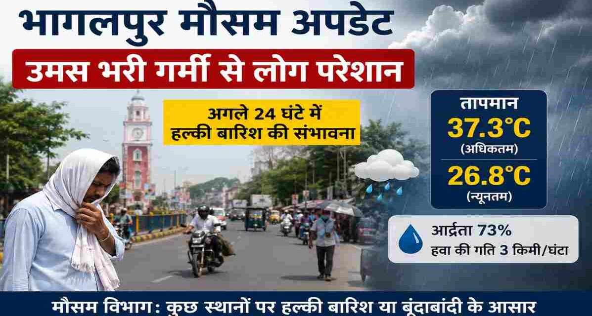 भागलपुर शहर का दृश्य, तेज धूप और उमस से परेशान लोग। मौसम विभाग ने अगले 24 घंटे में हल्की बारिश की संभावना जताई है।