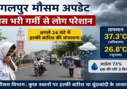 भागलपुर शहर का दृश्य, तेज धूप और उमस से परेशान लोग। मौसम विभाग ने अगले 24 घंटे में हल्की बारिश की संभावना जताई है।