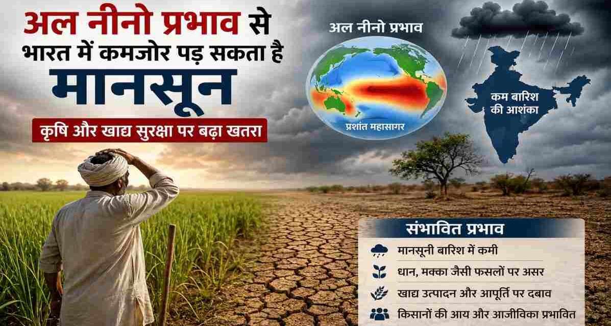 खेत में खड़े किसान के पीछे सूखी भूमि और बादलों से घिरा आसमान, जो अल नीनो प्रभाव और कमजोर मानसून के खतरे को दर्शाता है।