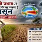 खेत में खड़े किसान के पीछे सूखी भूमि और बादलों से घिरा आसमान, जो अल नीनो प्रभाव और कमजोर मानसून के खतरे को दर्शाता है।