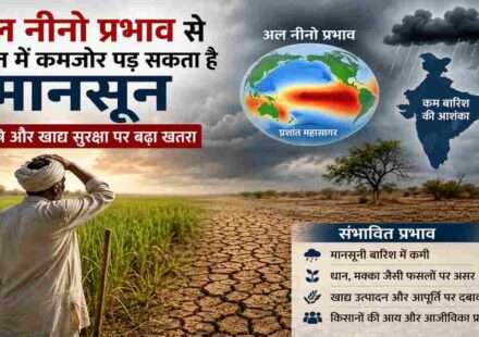 खेत में खड़े किसान के पीछे सूखी भूमि और बादलों से घिरा आसमान, जो अल नीनो प्रभाव और कमजोर मानसून के खतरे को दर्शाता है।