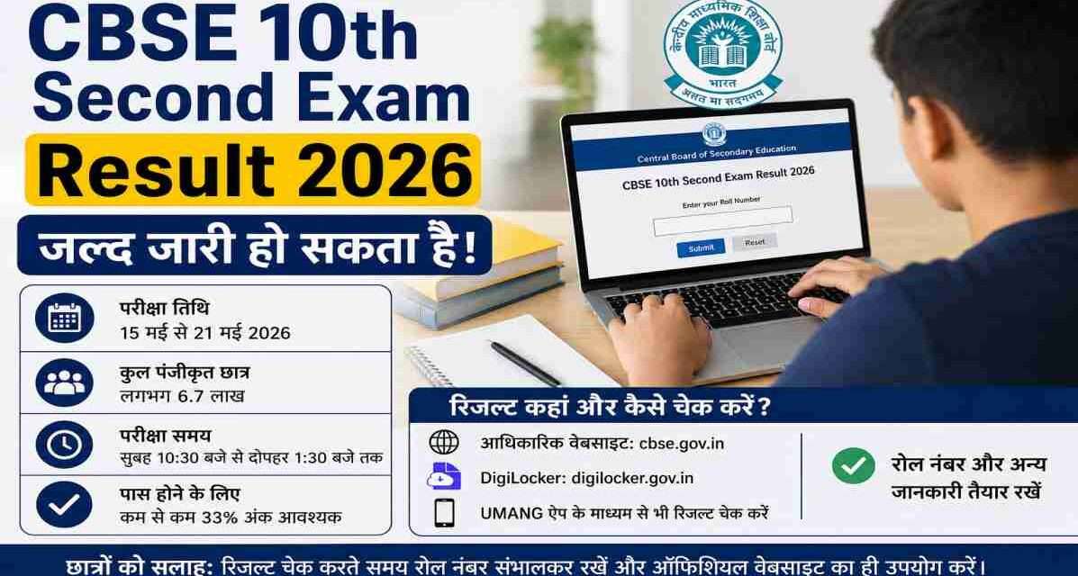 लैपटॉप पर CBSE 10th Second Exam Result 2026 चेक करते छात्र, स्क्रीन पर रिजल्ट पोर्टल और मार्कशीट का दृश्य।