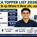 ICAI CA Final Result 2026 के बाद जारी टॉपर लिस्ट में पटियाला के नूर सिंगला पहले स्थान पर रहे। रितिज सराफ और सोहन अनिल मांजरेकर क्रमशः दूसरे और तीसरे स्थान पर रहे।