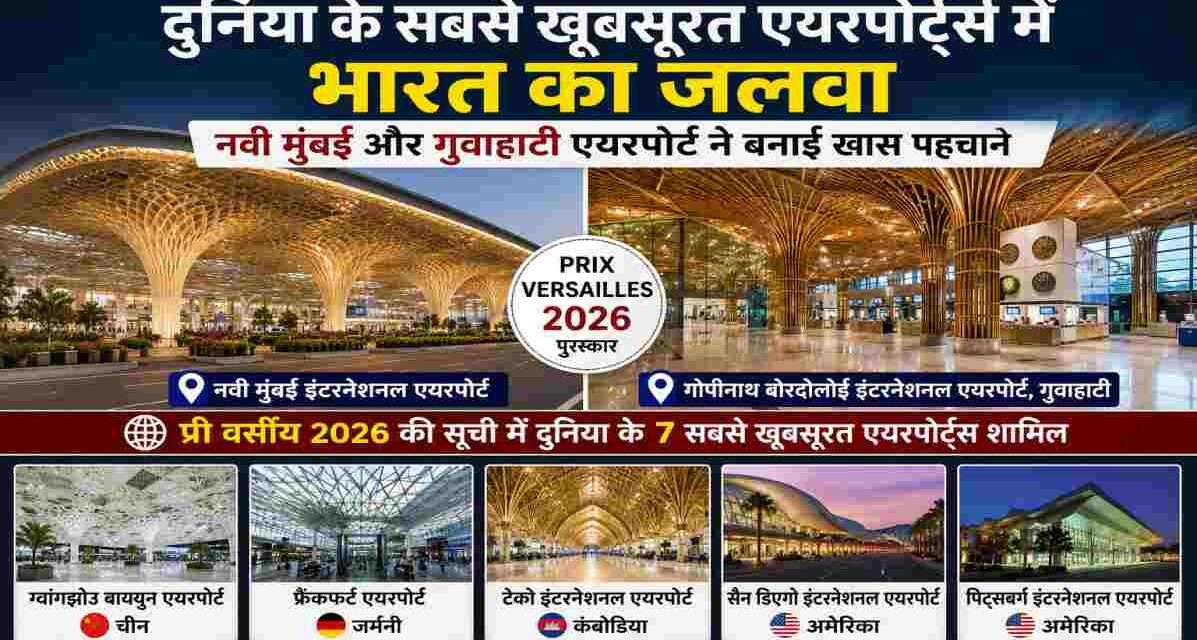 प्री वर्साय 2026 द्वारा जारी दुनिया के सबसे खूबसूरत एयरपोर्ट्स की सूची में भारत के नवी मुंबई इंटरनेशनल एयरपोर्ट और गुवाहाटी एयरपोर्ट को स्थान मिला।