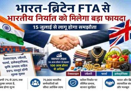 भारत और ब्रिटेन के झंडों के साथ व्यापार, निर्यात कंटेनर, टेक्सटाइल, फार्मा और ज्वैलरी उद्योग को दर्शाती प्रतीकात्मक तस्वीर।