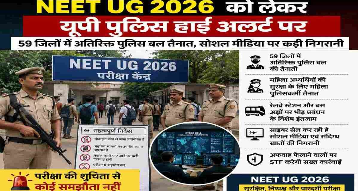 परीक्षा केंद्र के बाहर तैनात पुलिसकर्मी, अभ्यर्थियों की जांच, साइबर सेल मॉनिटरिंग स्क्रीन और NEET UG 2026 सुरक्षा व्यवस्था को दर्शाता समाचार दृश्य।