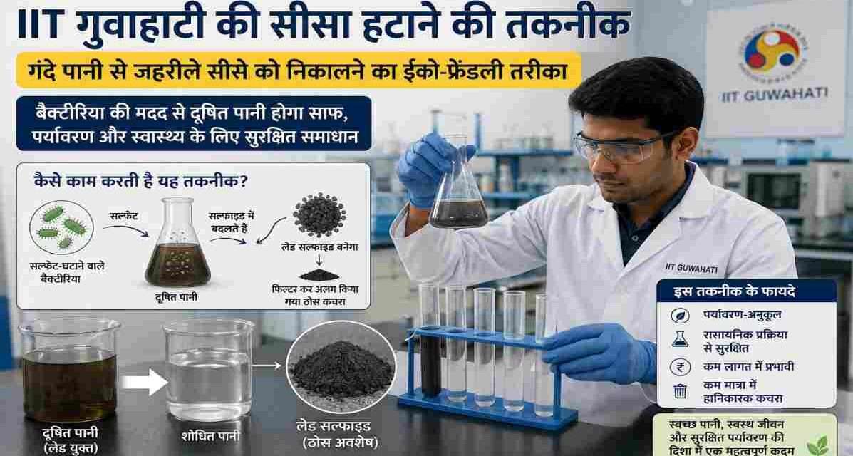 प्रयोगशाला में शोध करते वैज्ञानिक और दूषित पानी के नमूनों पर परीक्षण। नई तकनीक की मदद से पानी में मौजूद जहरीले लेड को सुरक्षित रूप से अलग किया जा सकता है।