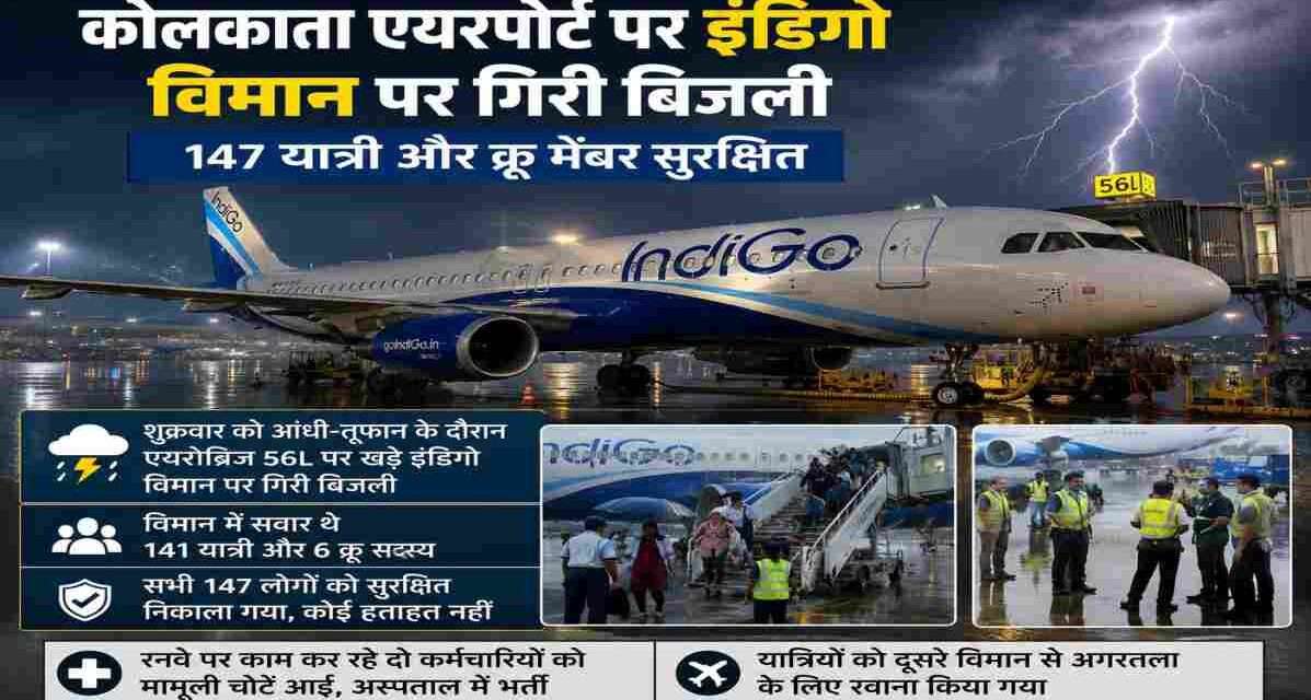 कोलकाता एयरपोर्ट पर खराब मौसम के दौरान इंडिगो विमान पर बिजली गिरने की घटना के बाद यात्रियों को सुरक्षित बाहर निकालते एयरपोर्ट और एयरलाइन कर्मचारी।