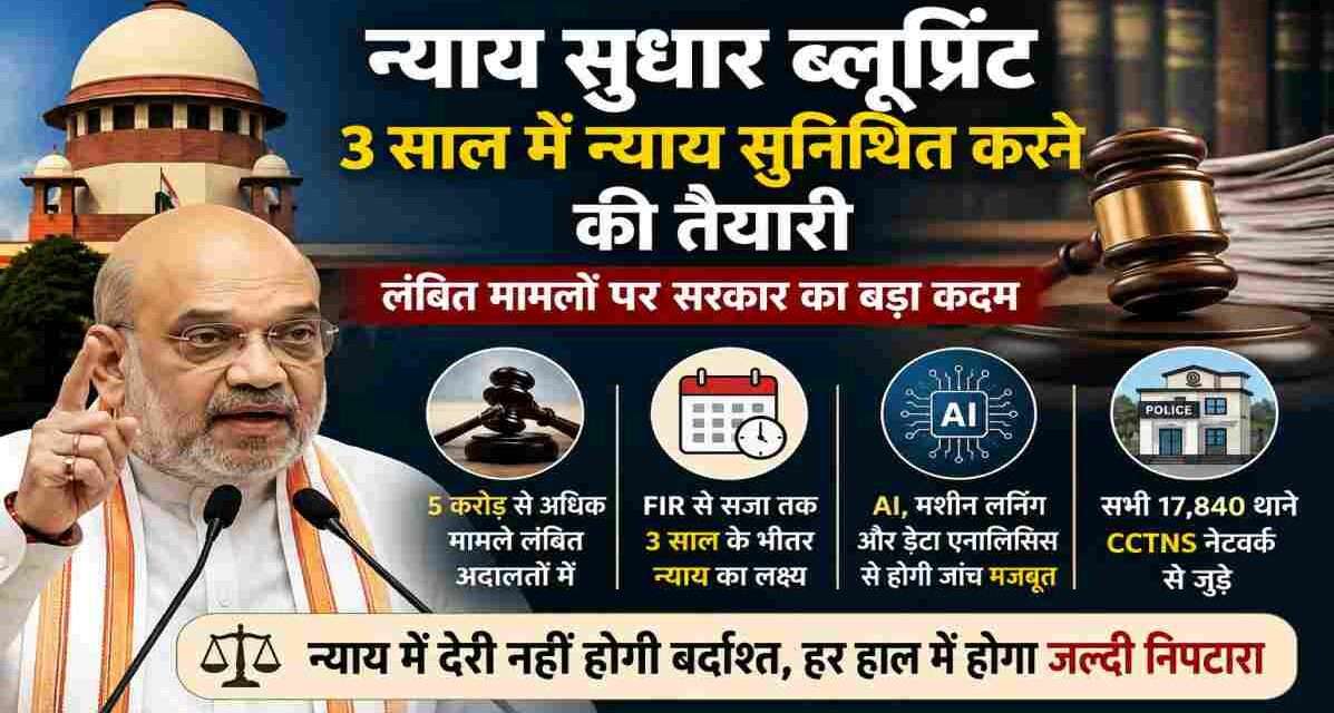 गृह मंत्री अमित शाह अदालतों में लंबित मामलों को कम करने और न्याय सुधार ब्लूप्रिंट पर चर्चा करते हुए।
