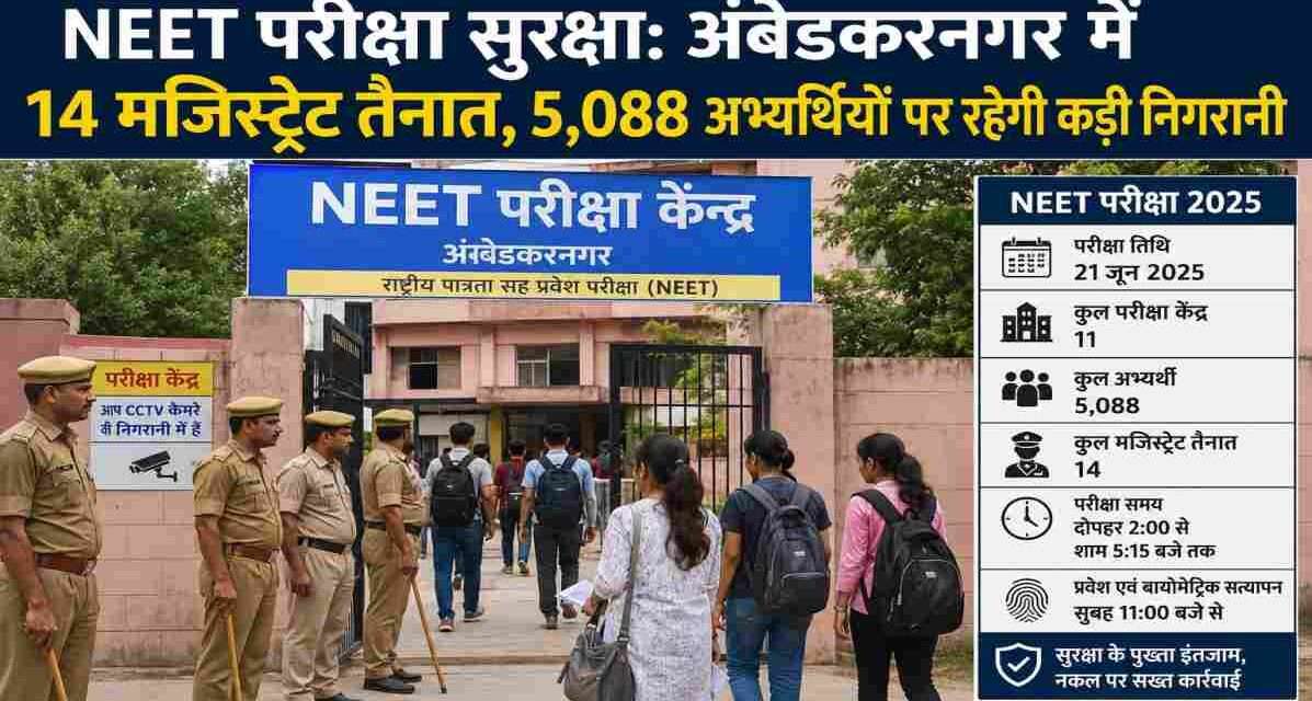 अंबेडकरनगर के एक परीक्षा केंद्र पर NEET परीक्षा से पहले सुरक्षा व्यवस्था का निरीक्षण करते अधिकारी और तैनात पुलिसकर्मी।