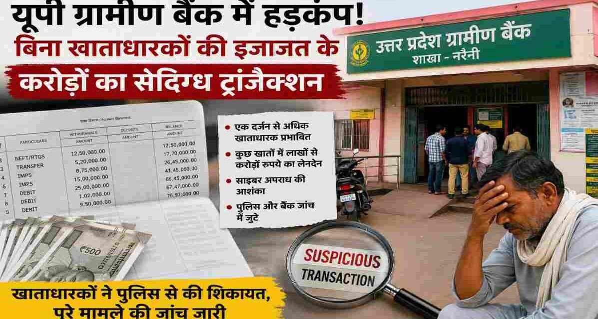 बैंक पासबुक, ट्रांजैक्शन रिकॉर्ड और जांच से जुड़ी प्रतीकात्मक तस्वीर, जिसमें उत्तर प्रदेश ग्रामीण बैंक में संदिग्ध वित्तीय लेनदेन को दर्शाया गया है।