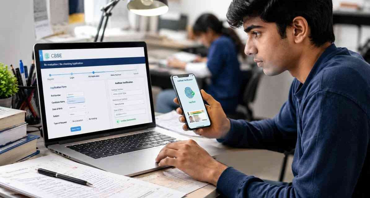 लैपटॉप पर CBSE Re-evaluation 2026 पोर्टल खुला हुआ है, छात्र ऑनलाइन आवेदन कर रहा है और आधार सत्यापन प्रक्रिया पूरी कर रहा है।