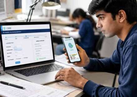 लैपटॉप पर CBSE Re-evaluation 2026 पोर्टल खुला हुआ है, छात्र ऑनलाइन आवेदन कर रहा है और आधार सत्यापन प्रक्रिया पूरी कर रहा है।