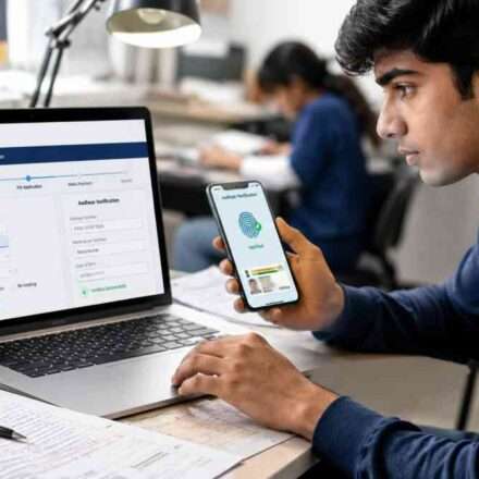 लैपटॉप पर CBSE Re-evaluation 2026 पोर्टल खुला हुआ है, छात्र ऑनलाइन आवेदन कर रहा है और आधार सत्यापन प्रक्रिया पूरी कर रहा है।