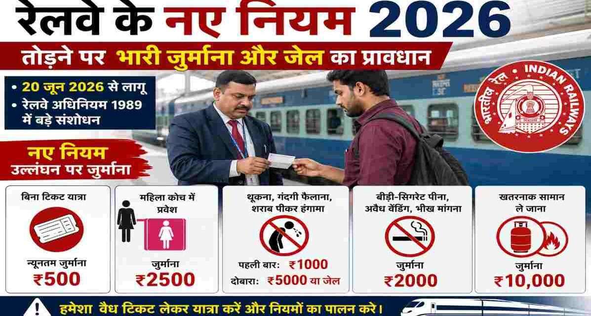 रेलवे स्टेशन पर टिकट जांच करते अधिकारी और यात्रियों को नए रेलवे नियम 2026 की जानकारी देते हुए दर्शाया गया दृश्य।
