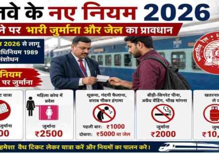 रेलवे स्टेशन पर टिकट जांच करते अधिकारी और यात्रियों को नए रेलवे नियम 2026 की जानकारी देते हुए दर्शाया गया दृश्य।