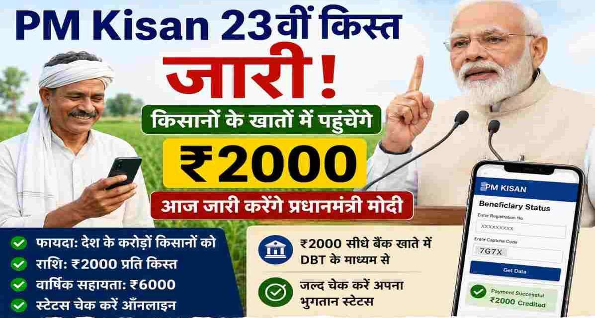 प्रधानमंत्री नरेंद्र मोदी की सभा का दृश्य, जिसमें PM Kisan 23वीं किस्त जारी होने की घोषणा दिखाई गई हो और किसान अपने मोबाइल पर भुगतान स्टेटस देखते नजर आ रहे हों।