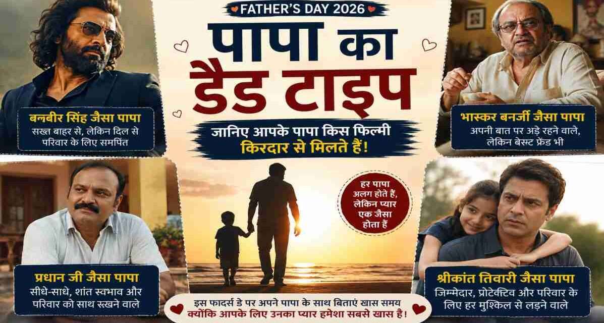 एक भावनात्मक Father's Day थीम वाली तस्वीर, जिसमें अलग-अलग स्वभाव वाले पिता अपने बच्चों के साथ दिखाई दे रहे हैं। चित्र पिता के प्यार, जिम्मेदारी और परिवार के प्रति समर्पण को दर्शाता है।