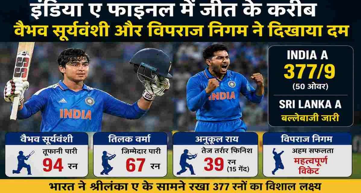 भारत ए बनाम श्रीलंका ए फाइनल मुकाबले में वैभव सूर्यवंशी बल्लेबाजी करते हुए और विपराज निगम विकेट का जश्न मनाते हुए दिखाई दे रहे हैं।
