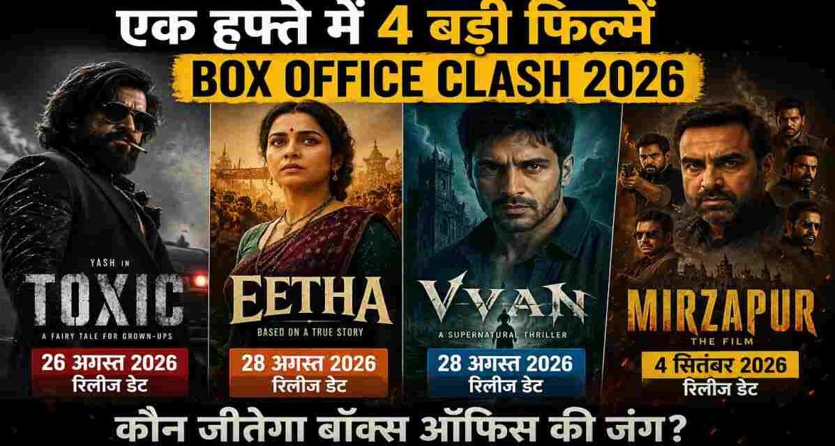 अगस्त और सितंबर 2026 में रिलीज होने वाली चार बड़ी फिल्मों Toxic, Eetha, Vvan और Mirzapur का सिनेमाई टकराव दिखाता आकर्षक पोस्टर।
