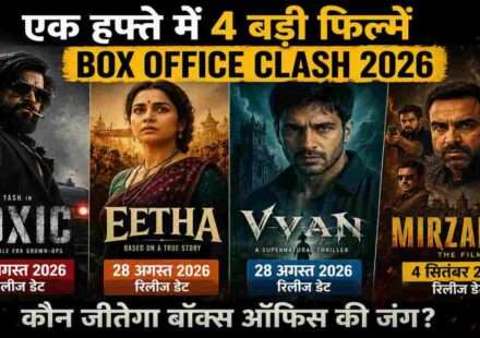 अगस्त और सितंबर 2026 में रिलीज होने वाली चार बड़ी फिल्मों Toxic, Eetha, Vvan और Mirzapur का सिनेमाई टकराव दिखाता आकर्षक पोस्टर।
