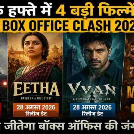 अगस्त और सितंबर 2026 में रिलीज होने वाली चार बड़ी फिल्मों Toxic, Eetha, Vvan और Mirzapur का सिनेमाई टकराव दिखाता आकर्षक पोस्टर।