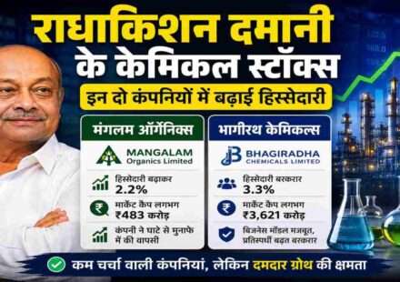 राधाकिशन दमानी की प्रोफाइल के साथ केमिकल इंडस्ट्री, शेयर मार्केट ग्राफ और मंगलम ऑर्गेनिक्स व भागीरथ केमिकल्स से जुड़ा प्रतीकात्मक दृश्य।