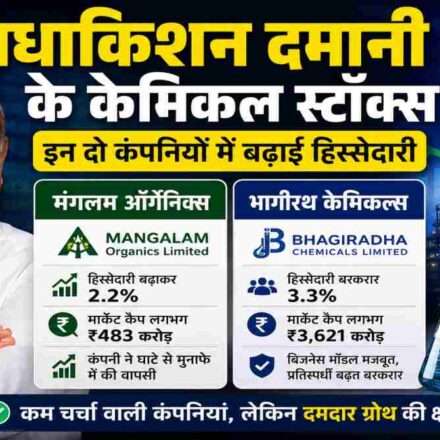 राधाकिशन दमानी की प्रोफाइल के साथ केमिकल इंडस्ट्री, शेयर मार्केट ग्राफ और मंगलम ऑर्गेनिक्स व भागीरथ केमिकल्स से जुड़ा प्रतीकात्मक दृश्य।