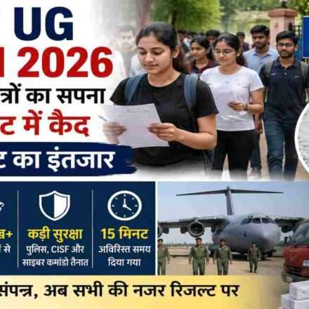 NEET UG Exam 2026 परीक्षा केंद्र से बाहर निकलते छात्र, कड़ी सुरक्षा व्यवस्था, OMR शीट और मेडिकल प्रवेश परीक्षा का दृश्य।