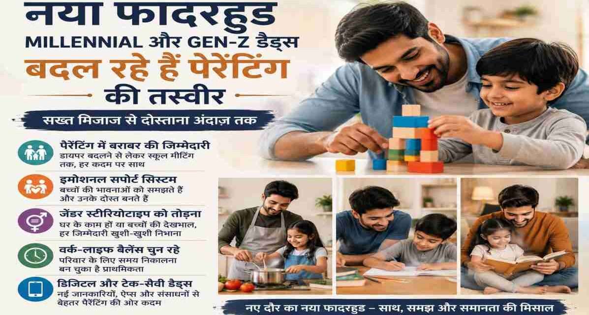 एक आधुनिक पिता अपने बच्चे के साथ खेलते और समय बिताते हुए दिखाई दे रहा है, जो नए फादरहुड और सक्रिय पैरेंटिंग की भावना को दर्शाता है।