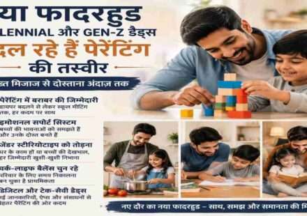 एक आधुनिक पिता अपने बच्चे के साथ खेलते और समय बिताते हुए दिखाई दे रहा है, जो नए फादरहुड और सक्रिय पैरेंटिंग की भावना को दर्शाता है।
