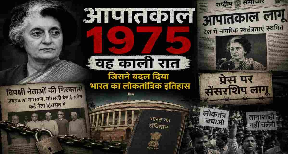25 जून 1975 को लागू आपातकाल 1975 से जुड़ा प्रतीकात्मक दृश्य, जिसमें संसद भवन, संविधान और राजनीतिक घटनाओं को दर्शाया गया है।