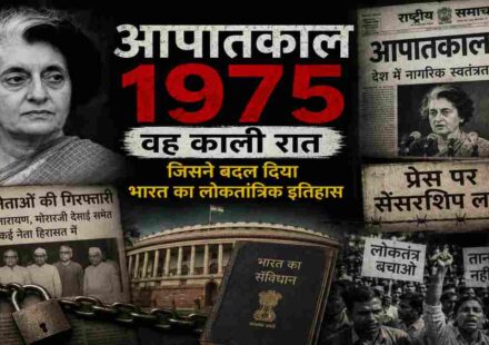 25 जून 1975 को लागू आपातकाल 1975 से जुड़ा प्रतीकात्मक दृश्य, जिसमें संसद भवन, संविधान और राजनीतिक घटनाओं को दर्शाया गया है।