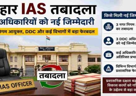 बिहार सचिवालय की पृष्ठभूमि में IAS अधिकारियों के तबादले को दर्शाता प्रतीकात्मक दृश्य, जिसमें प्रशासनिक फेरबदल और नई नियुक्तियों को दिखाया गया है।