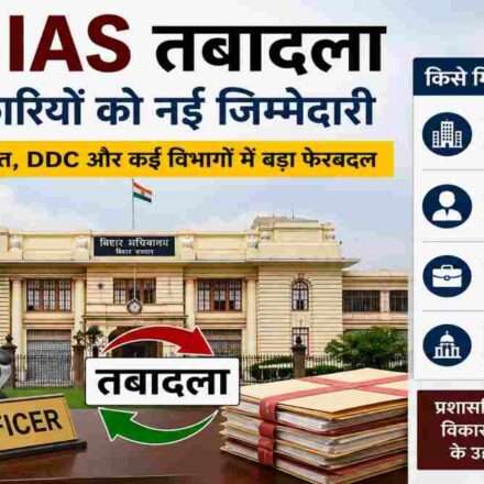 बिहार सचिवालय की पृष्ठभूमि में IAS अधिकारियों के तबादले को दर्शाता प्रतीकात्मक दृश्य, जिसमें प्रशासनिक फेरबदल और नई नियुक्तियों को दिखाया गया है।