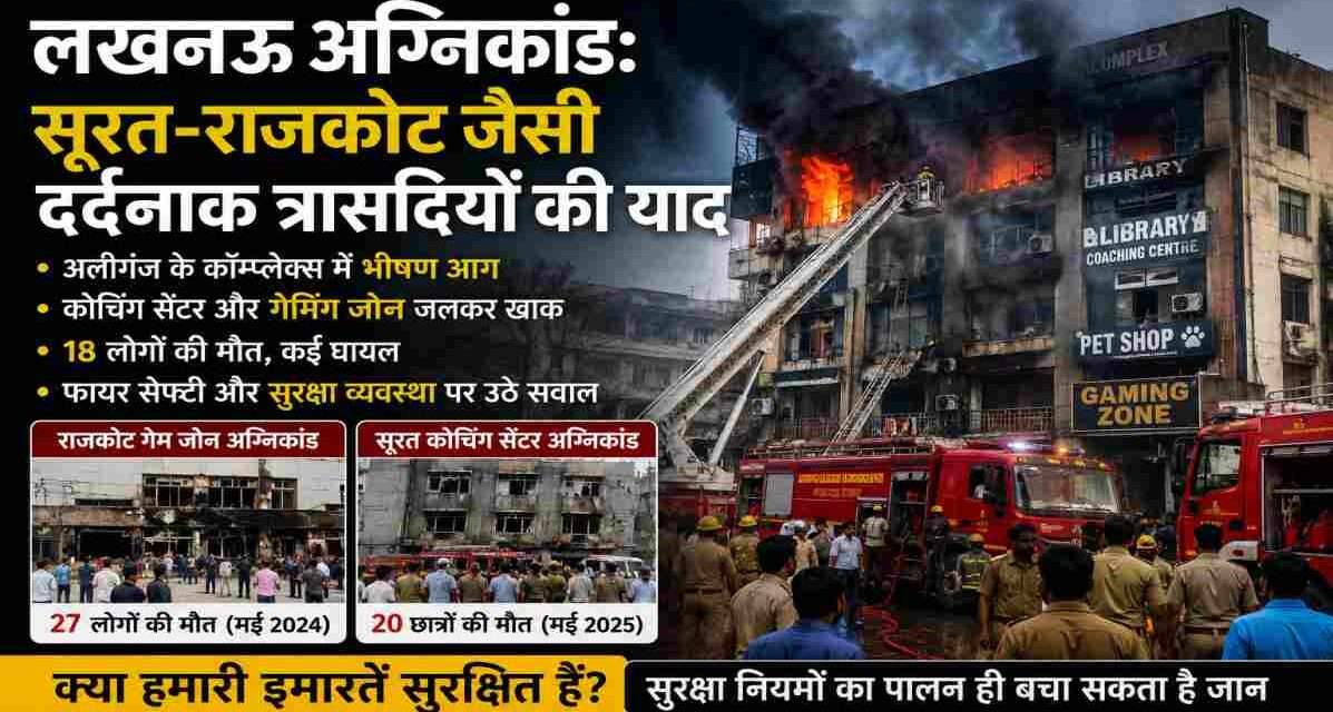 लखनऊ अग्निकांड के बाद धुएं से घिरी बहुमंजिला इमारत, मौके पर दमकल विभाग की गाड़ियां और बचाव अभियान चलाते कर्मचारी।
