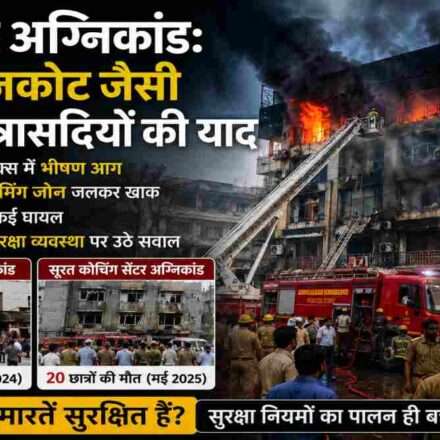 लखनऊ अग्निकांड के बाद धुएं से घिरी बहुमंजिला इमारत, मौके पर दमकल विभाग की गाड़ियां और बचाव अभियान चलाते कर्मचारी।