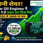 शेयर बाजार का ग्राफ, डेटा सेंटर इंफ्रास्ट्रक्चर और Kirloskar Oil Engines के बढ़ते शेयर मूल्य को दर्शाता हुआ बिजनेस विजुअल।