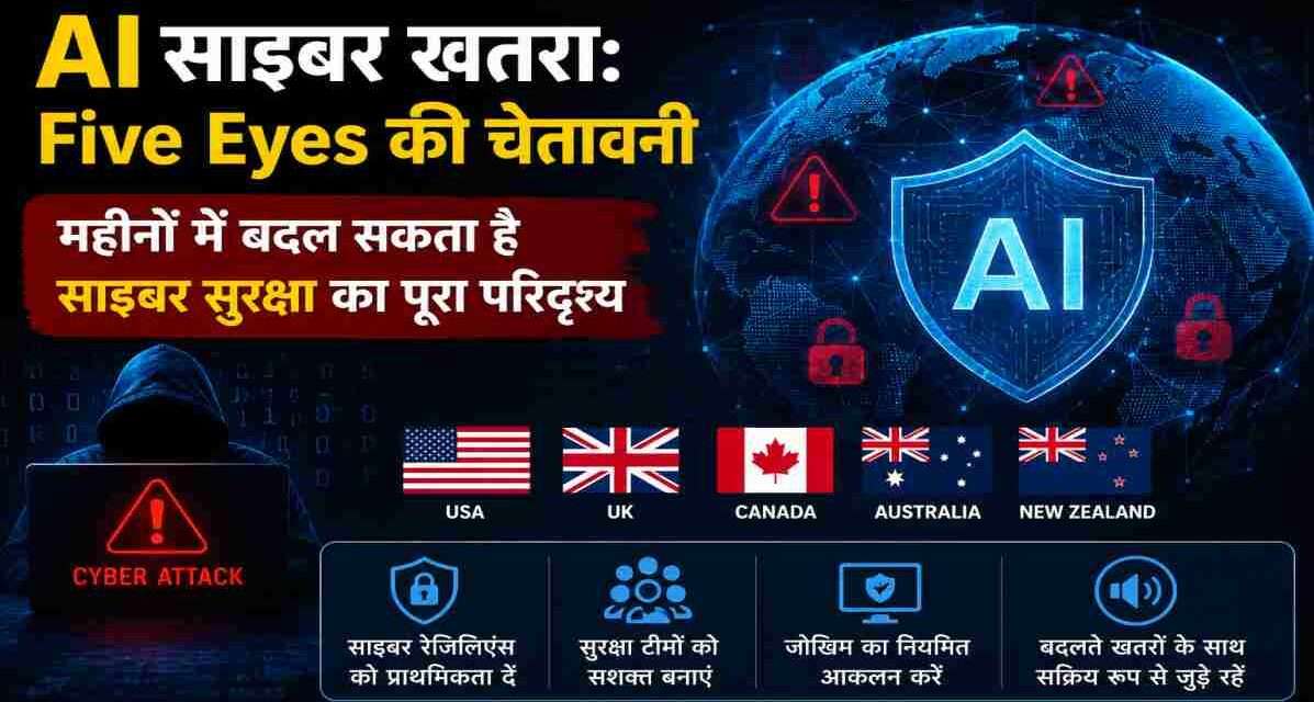 एक डिजिटल साइबर सुरक्षा थीम वाली तस्वीर जिसमें AI नेटवर्क, साइबर हमले के संकेत, डेटा सुरक्षा और वैश्विक तकनीकी निगरानी को दर्शाया गया हो।