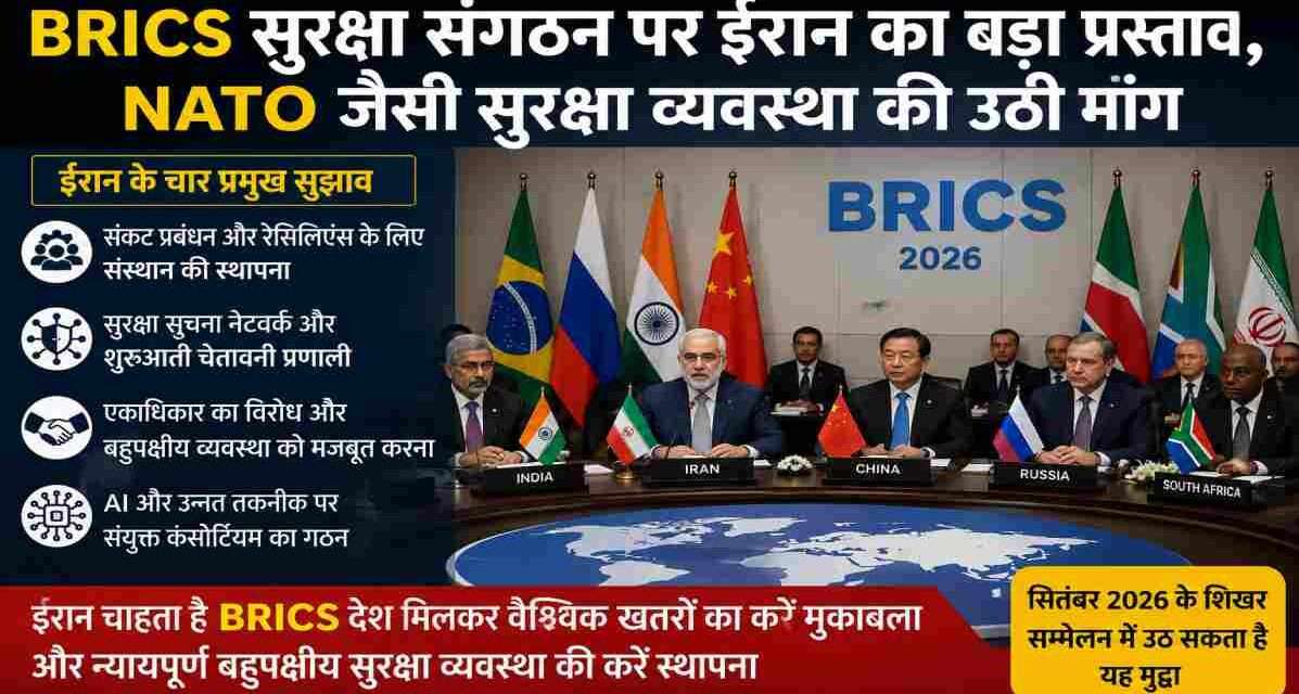 BRICS देशों की सुरक्षा बैठक में ईरान द्वारा BRICS सुरक्षा संगठन को मजबूत बनाने और NATO जैसी समन्वित व्यवस्था का प्रस्ताव रखते हुए दर्शाया गया दृश्य।