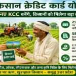 खेत में खड़े किसान को बैंक अधिकारी किसान क्रेडिट कार्ड प्रदान करते हुए, पृष्ठभूमि में हरे-भरे खेत और कृषि गतिविधियां दिखाई दे रही हैं।