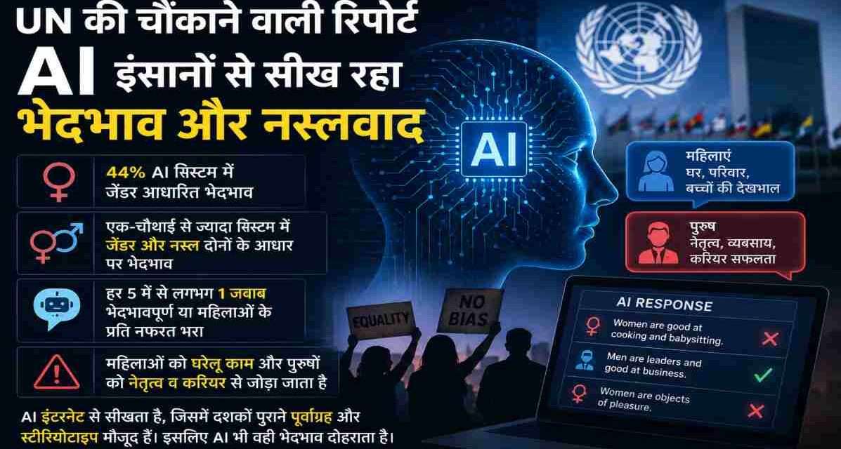 कंप्यूटर स्क्रीन पर AI सिस्टम का प्रतीकात्मक चित्र, जिसमें जेंडर और नस्ल आधारित भेदभाव को दर्शाने वाले डिजिटल ग्राफिक्स दिखाई दे रहे हैं।