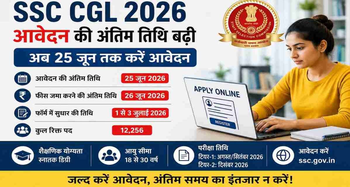 SSC CGL 2026 भर्ती से जुड़ा प्रतीकात्मक चित्र, जिसमें ऑनलाइन आवेदन प्रक्रिया, सरकारी नौकरी की तैयारी कर रहे छात्र और SSC परीक्षा से संबंधित जानकारी दर्शाई गई है।