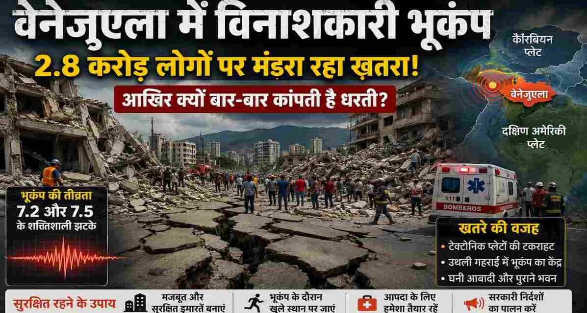 वेनेजुएला में आए तेज भूकंप के बाद क्षतिग्रस्त इमारतें, बचाव अभियान और प्रभावित क्षेत्रों का सांकेतिक दृश्य।