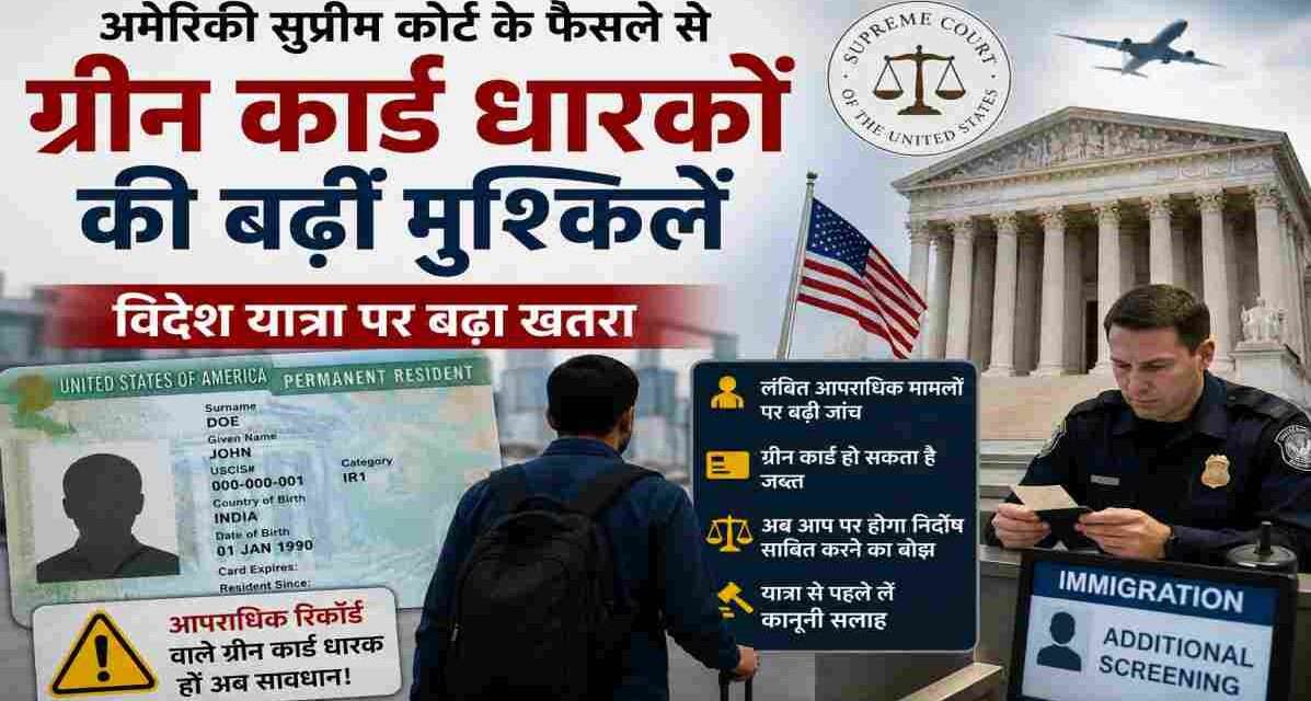 विदेश यात्रा से लौटते ग्रीन कार्ड धारक की एयरपोर्ट इमिग्रेशन जांच को दर्शाती प्रतीकात्मक तस्वीर, जो अमेरिकी सुप्रीम कोर्ट के नए फैसले के प्रभाव को दिखाती है।