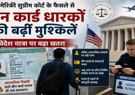 विदेश यात्रा से लौटते ग्रीन कार्ड धारक की एयरपोर्ट इमिग्रेशन जांच को दर्शाती प्रतीकात्मक तस्वीर, जो अमेरिकी सुप्रीम कोर्ट के नए फैसले के प्रभाव को दिखाती है।